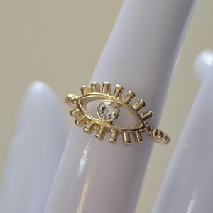Gold Eye-Shaped Evil Eye Ring with Clear Stone Size 7